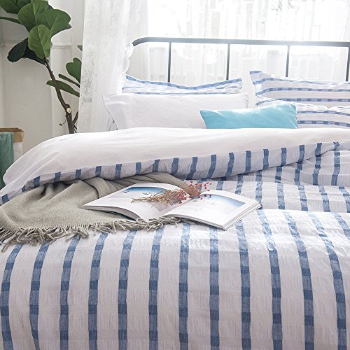 Lausonhouse Seersucker Duvet Cover Set,100% Cotton Woven Seersucker Stripe Duvet Cover Set King Size,3 Pieces Bedding Set(1 Duvet Cover With 2 Pillowshams)- King - Blue #TOP6