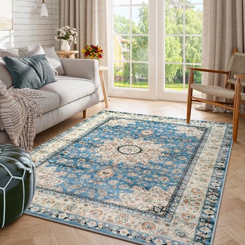 Lahome Felice Oriental Floral Medallion Area Rug - 4x6 Blue Bedroom Rug Living Room Mat, Distressed Soft Non Slip Washable Indoor Nursery Throw Carpet for Apartment Dining Kitchen Table Entr