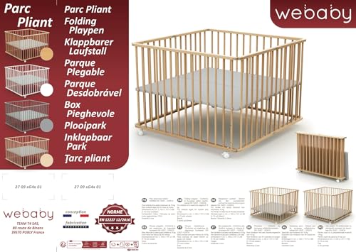 Webaby - Laufstall Baby Faltbar Holz mit Rollen und Matte 100x100 Buche roh| Laufgitter Baby Klappbar XXL | 3 Stufen Höhenverstellbar | Für Kinder bis 24 Monate