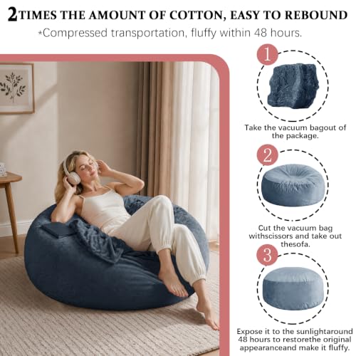 Image of 3FT,Bean Bag Chair,Bean Bag with Filler Included,Memory Foam Bean Bag,Comfortable and Soft Plush Bean Bags,Living Room Furniture for bedrooms, Dorm Games Reading Lounge Chairs(Blue, 3 Foot)