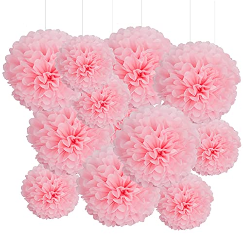 Pompones de Papel de Seda Rosado - 12 Piezas Papel Pom Poms Flores Tissue para fiestas de cumpleanos...