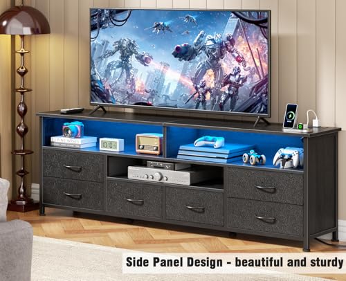 Image of Furologee TV Stand for 65 70 Inch TVs, 63 Inch Entertainment Center with Power Outlets and LED Lights, Media Console with 6 Fabric Drawers, PU Leather Surface for Living Room, Bedroom