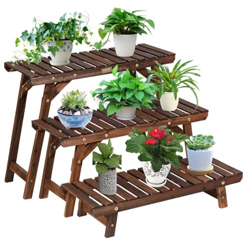 RELAX4LIFE Set di 3 Scaffali Portapiante in Legno di Abete a Doghe, Espositore Multiuso Portatutto per Interno ed Esterno (Modello 10)
