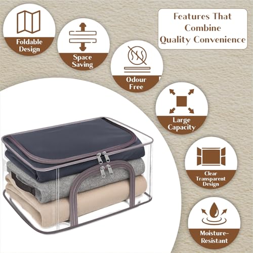 Image of JD FRESH 3 Pcs 34L Transparent Storage Bags with Handles /Foldable Storage box for Clothes /Under Bed Storage Organizer Box with Zippers /Wardrobe Organizer for Storage /Organiser for Blanket /Bedsheet