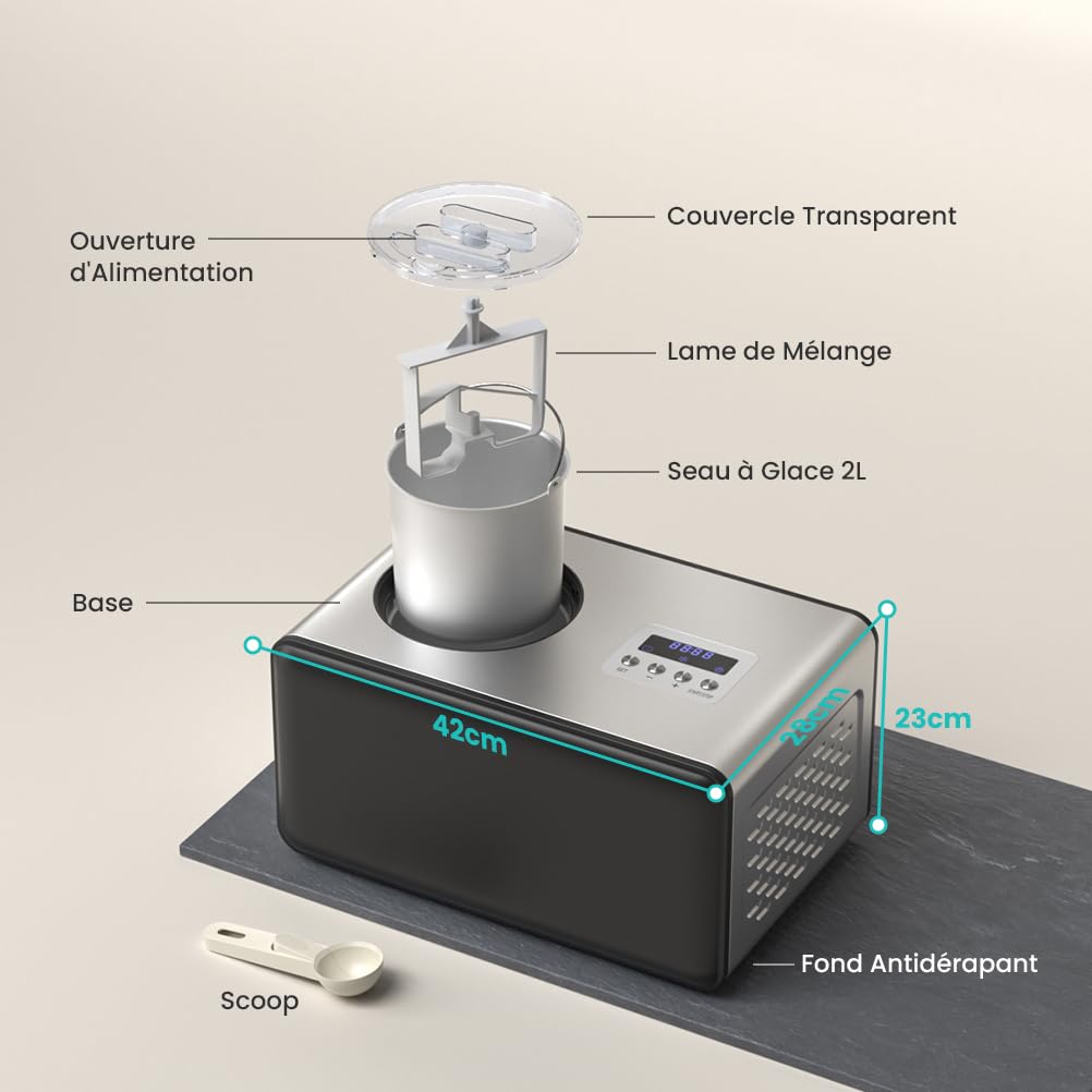 Sorbetiere Turbine a Glace avec Compresseur 2L, Sorbetière Electrique pas de Pré-congélation, Automatique Machine à Glace, pour Faire Sorbets/Crème Glacée/Gelato