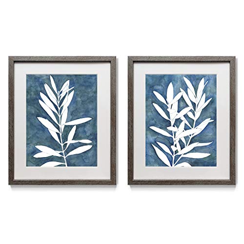 Renditions Gallery Indigo Leaves 2 Framed Artwork Set, Colorful Floral, Botanical, Flower Art, White & Blue, Denim, Distressed Silver Frame & White Mat, Plexiglass, 16 in W X 20 in H, Made in America