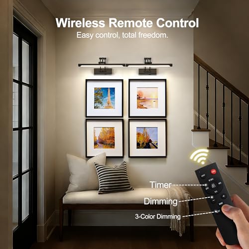 Image of ZitoStory Picture Lights for Wall Battery Operated, (Black, 24in) Rechargeable Art Light for Painting,Modern wall Lights for Pictures,Dimmable Gallery Artwork Lights for Pictures On Wall
