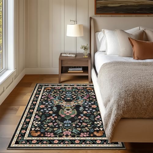Image of Area Rug Vintage Floral Deer Pattern 4x6 - Bohemian Forest Animal Carpet with Squirrel & Butterfly, Soft Decorative Area Rug for Living Room Bedroom Home Decor