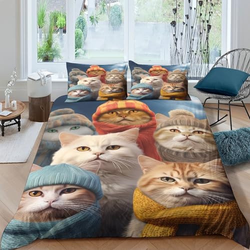 Housse de couette 3D impression chat avec finitions soignées pour grand lit