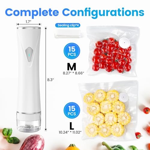 Gikxki Vacuum Sealer for Food with Visible Tank, Handheld Vacuum Sealer Machine with 30 Reusable Bags for 5X Longer Freshness, Wireless & Portable, White