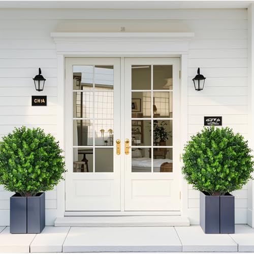 Artificial Eucalyptus Topiary Ball Trees, 2 Set of 16'' UV Resistant Fake Evergreen Shrubs Bushes Plants with Ground Spike, Fake Plants for Outdoor Indoor Front Porch Garden - Image 5