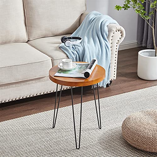 Small End Table, Wood Side Table, Round Bedside Tables for Small Spaces, Snack Table W/3 Metal Legs, Rustic Nightstand, Industrial Accent Table for Living Room, Mini Coffee Table for Balcony, Espresso