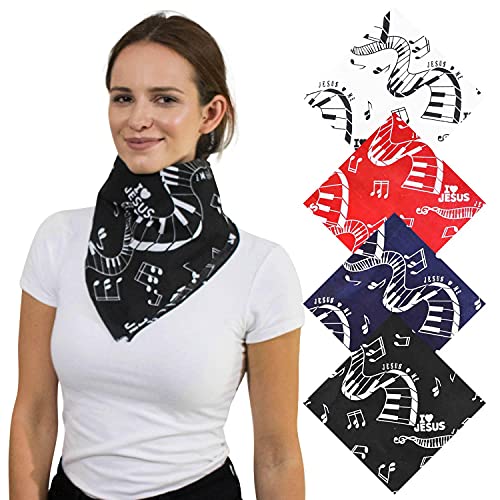 BasicSense 4PCS Bandana Musiknoten Ich liebe Jesus 100% Baumwolle Biker Kopfbedeckung Schal Taschentuch Musik Konzert Chor Schulchor, 4PC Kombi-Set Cover