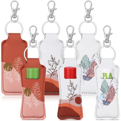 Cosblank 6 Pcs Boho Lip Balm Sleeve Keychain Lipstick Holder Key Chain with Portable Clip Lip Gloss Pouch Keychain for Women Graduation Travel Accessory Stocking Stuffers Gifts