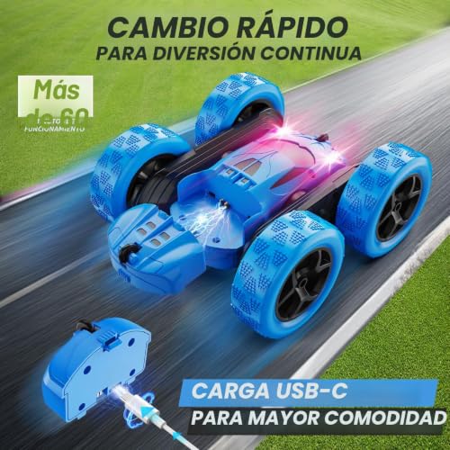 Miniatura 2 de QUNREDA Coche Teledirigido, Coche RC de Juguete para Niños 6-12 Años, 4WD de Acrobacias con Luces LED, Giros 360°, 2,4 GHz, Baterías USB-C Modulares, Regalo de Cumpleaños para Niños, Azul