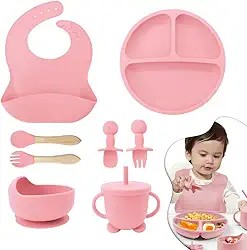Kit Introdução Alimentar Bebê Completo Com 8 Peças Em Silicone Resistente e Seguro Com 2 Garfos, 2 Colheres, Prato com Divisória e Ventosa, Tigela com Ventosa e Babador com Regulagem (Rosa Claro)