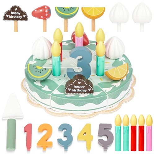 Ainiv Accessoire Cuisine Enfant, Jouet Dinêtte Enfant, Gâteau d'anniversaire en Bois, Jeux de Rôle, Jouets de Découpe de Gâteau d'anniversaire avec Bougies...