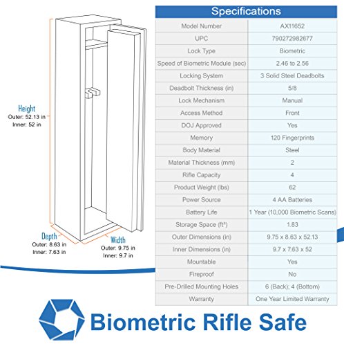 Barska AX11652 Quick Access Tall Biometric Fingerprint 4 Position Security Rifle Safe 1.83 Cubic Ft - Thumbnail 2
