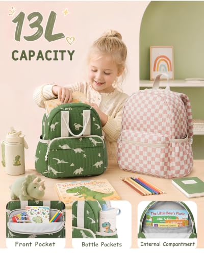 Image of Kids Backpack for Girls and Boys Ages 5-8 | 15inch Corduroy Backpack Kids Bookbag for School Preschool Kindergarten Daycare Daypack -Pink Checkered