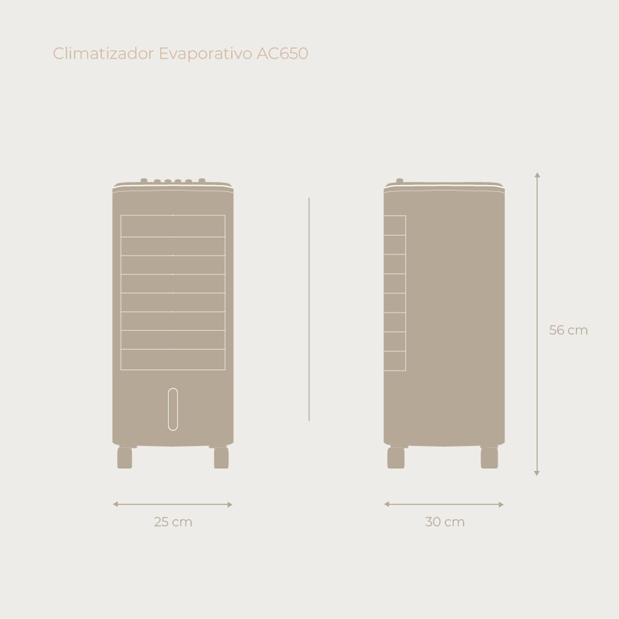 EVVO Climatizador Evaporativo CLIMA AC650. Potencia: 65 W, Depósito: 3,5 L, 3 velocidades ajustables, Oscilación automática de 70º, Ruedas multidireccionales, Incluye 2 acumuladores de frío