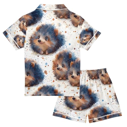 senya Cute Hedgehog Watercolor Satin Summer Pajama Sets Silk Short Sleeve Button Down Sleepwear2