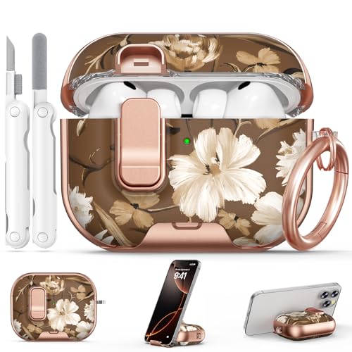 Image of for AirPod Pro 3 Case 2025, with Safty Lock & Phone Stand for Floral AirPod Pro 3 Generation Case Cover for Women Girly, iPod Pro 3 Cases with Keychain & Cleaner Kit -Brown +White Flower