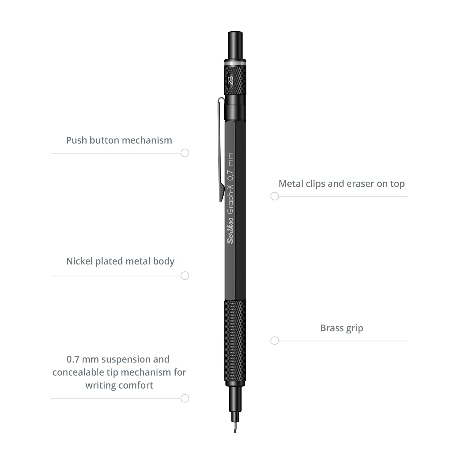 Ołówek mechaniczny siedmiokątny regulowany 0,7 mm cienkopis matowy czarny model. Graph-x