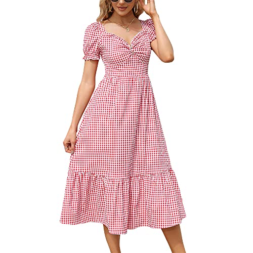 KOJOOIN Damen Kleid Kariert Sommerkleid Kurzarm Vintage Kleid Lange...