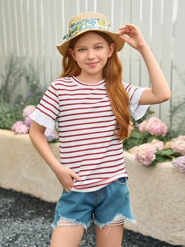 Image of Haloumoning Girls Striped Ruffle Short Sleeve T Shirts Kids Summer Crewneck Tops Casual Tees 5-14 Years