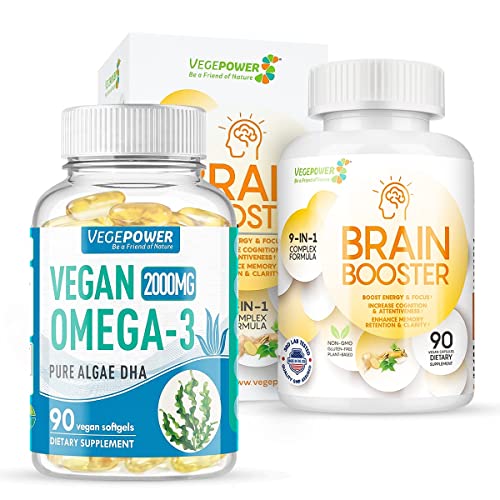 VEGEPOWER Brain Booster Supplement Bundle | Vegan Omega 3 DHA Algae Oil + Brain Booster Supplement | Brain Focus, Memory, Clarity & Heart, Eyes Health| Non-GMO Vegan Supplements to Support Health &