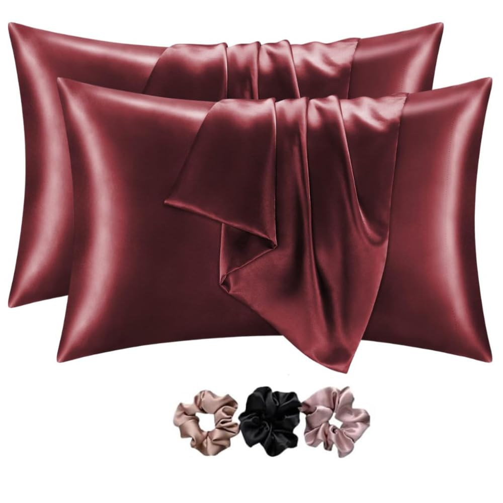 Go well Satin Silk Pillow Covers Pack of 2 for Hair and Skin-with Satin Scrunchies for Women Stylish|Satin Pillow Cover for Hair and Skin|scrunchies for Women 3-Piece|Silk Pillow case(Maroon) 600TC
