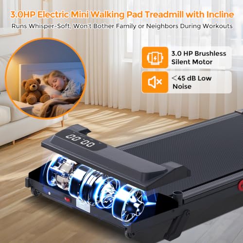 Image of KASSADIN Walking Pad with Handles, Electric Treadmill for Home with Incline, Portable Mini Walking Pad Treadmill with Handle Bar, Small Under Desk Treadmill with Handles, 3.0HP, 0.6-7.6MPH, 350LBS