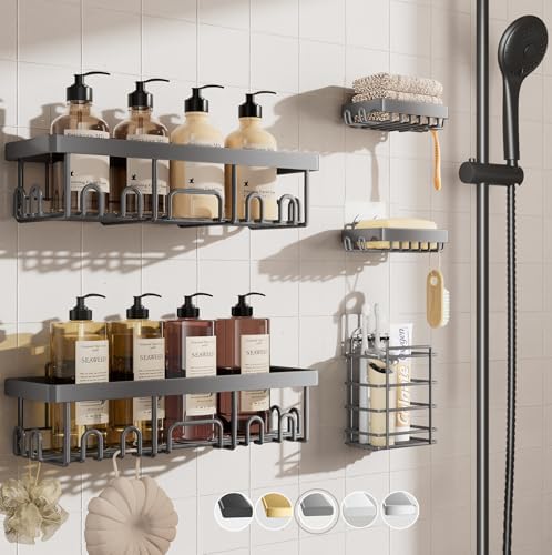 Veken Adhesive Shower Caddy 5-Pack,Heavy Weight Bearing,Large Wall Mounted Shower Shelves Rack,Organizer Storage Accessories with Soap Dish&Toothbrush Holder,Ideal for Bathroom,Home&Kitchen,Light Grey