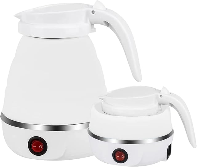 Foldable Electric Kettle, White/Blue/Pink Portable Electric Kettle, 600ml Mini Electric Kettle, Food Grade Silicone, for Hiking Camping and Indoor (White)