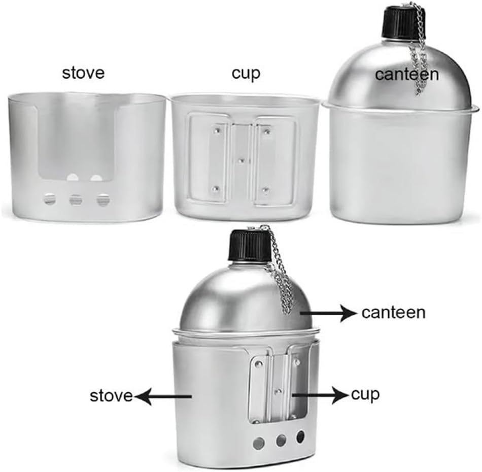 Military Canteen Set of 4, Stainless Steel Military Canteen and Cup Set, Canteen Cup Stove Pouch Kit, Portable Canteen Military for Outdoor Camping Survival Hiking Backpacking