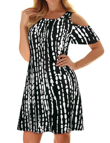 Image of Misyula Style Womens Summer Cold Shoulder Floral Flowy T-Shirt Dress with Pockets