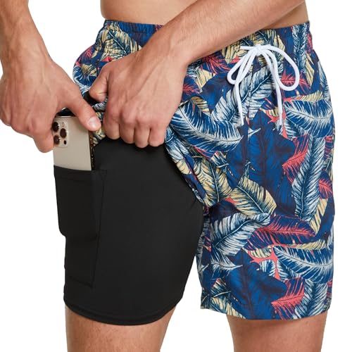 frueo Men's Swim Trunks,2 in 1 Quick Dry Sun Protection Swim Shorts Swimming Board Shorts Swimwear Bathing Suits with Compression Liner and Zipper Pocket (1215)-YellowGrayRedLeaf-M