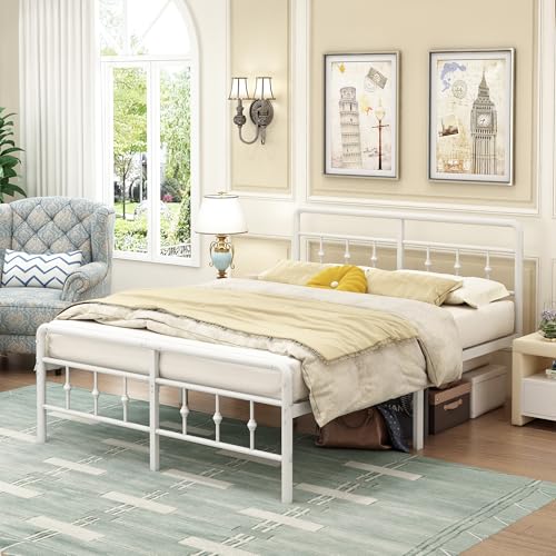 EMODA Camas 150 x 190 cm con cabecero y piecero, Marco de Cama de Metal con Soporte de Lamas de Acero, Altura 46 cm, Montaje Fácil, Libre de Ruidos, Blanco
