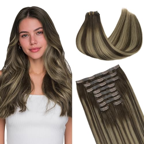 Image of GOO GOO Clip in Hair Extensions Real Human Hair, Remy Human Hair Extensions Clip ins for Women, Natural Human Hair, 14inch 130g 9Pcs, 4 /26 /4 Balayage Chocolate Brown to Honey Blonde