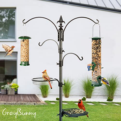 Gray Bunny Bird Feeder Stand For Outside, 4-Hooks, 91" Bird Feeder Station,  Multi Bird Feeder Pole Stand Kit With Bird Bath And Mesh Tray For Wild Birds, Plant Hanger, 3-Prong Base #TOP1