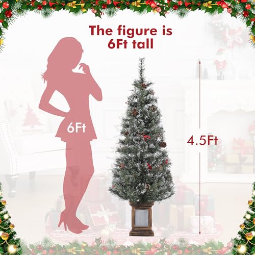 GAOMON 4.5ft Christmas Tree Pre-Lit Artificial Christmas Tree with Lighting Potted Base, Holiday Xmas Tree with 100 Warm White LED Lights Red Berries, Festival Decoration for Home, Entrances