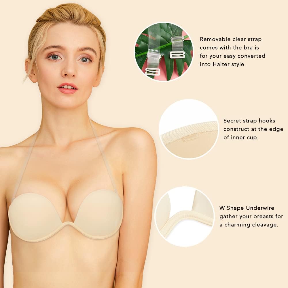 JOATEAY Women's Strapless Backless Bra Plunge Push Up Underwire Adhesive Halter Bra with Clear Strap - Image 3