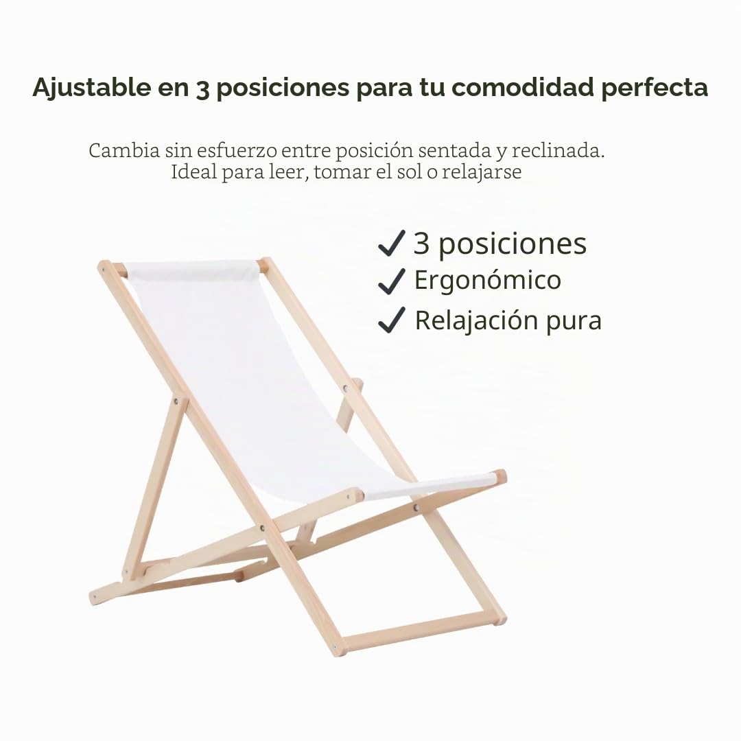 BAS Tumbona de Madera Ajustable para Playa y Jardín Construcción Robusta y Sólida Material Práctico, sillas Plegables de Madera, Blanco