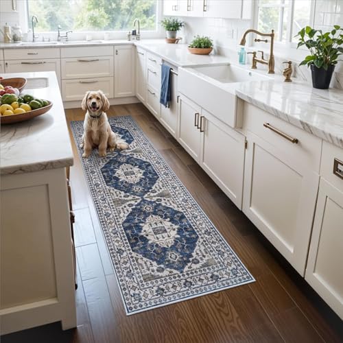 Washable 4x8 Hallway Runner Rug: Vintage 8ft Soft Runners for Entry Kitchen Wide Low Pile Carpet with Non-Slip Backing for Living Room Bedroom Thin Bathroom Carpet for Dining Room Foyer(4x8,Blue