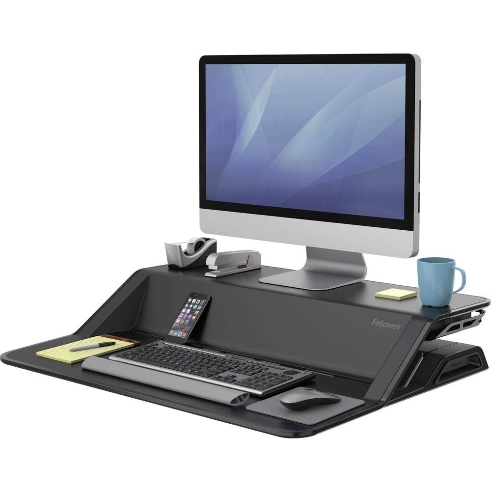 Fellowes Sitz-Steh Desktop Aufsatz Lotus - REGT zu mehr Bewegung bei der Schreibtischarbeit an, mit 22 Höheneinstellungen und Kabelmanagement, ergonomisch, schwarz, 1 Stück