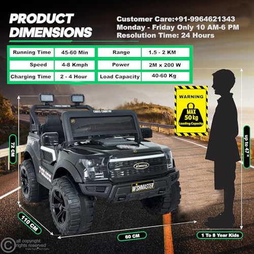 Image of Wishmaster 4X4 Battery Operated Ride-On Jeep for Kids | Dual Motor, LED Lights, Music System, Remote Control | Electric Jeep for Boys & Girls | 4 Motor Jeep (2-8 Years), Black