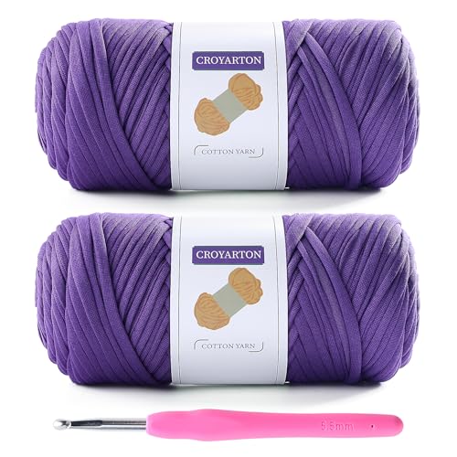 2 Pack T Shirt Yarn for Crocheting with 1 Crochet Hook Elastic Tshirt Yarn for Crochet Bag/Baskets/Home Decor Spaghetti Yarn Thick Knitting Yarn Total Length 130 Yds Weight 14 Oz (Purple)