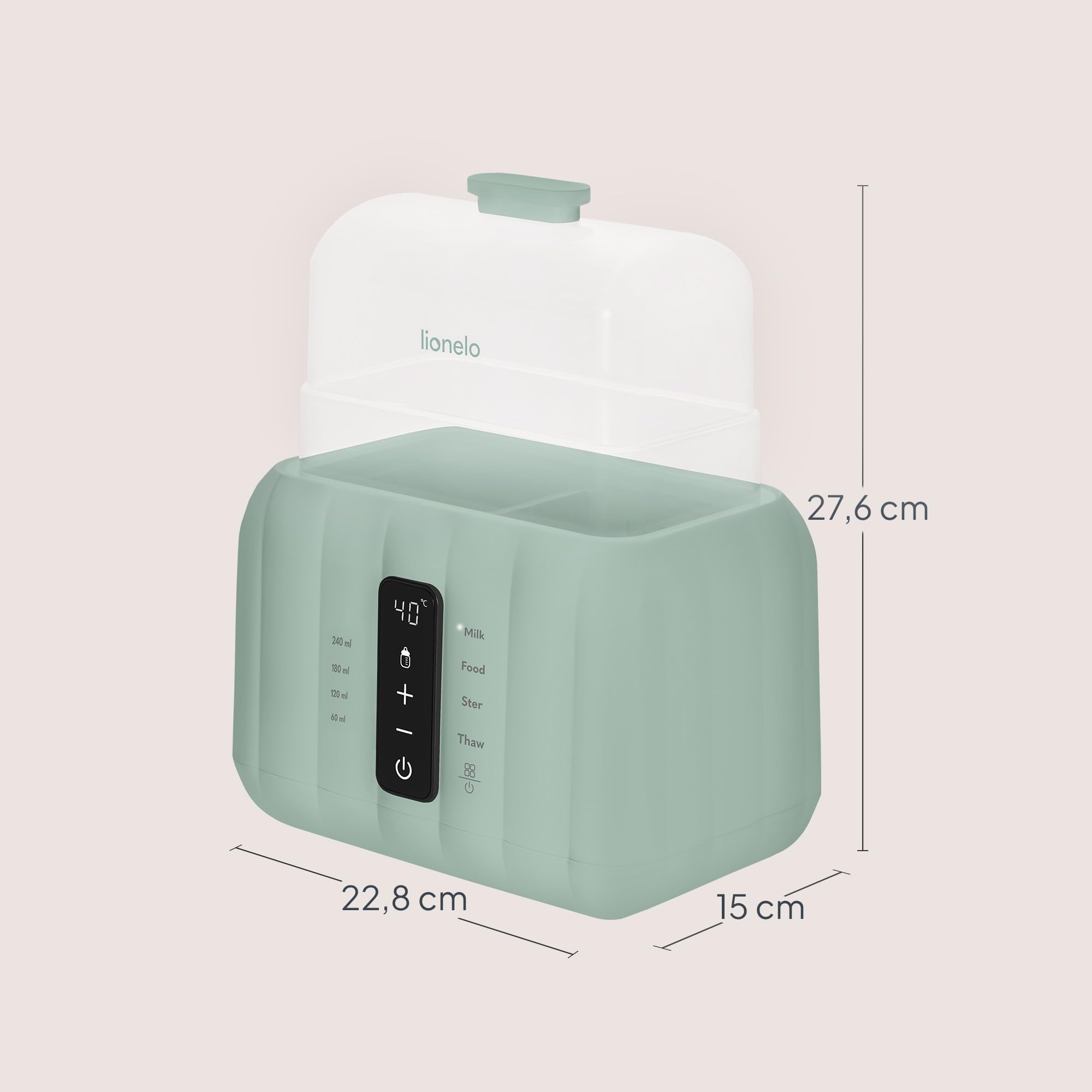 Lionelo Thermup Duo, elektryczny podgrzewacz do butelek 6 w 1 z podwójną komorą, ogrzewaniem mleka i kleiku, bezpieczne i szybkie rozmrażanie, sterylizacja, utrzymanie ciepła, panel dotykowy, bez BPA