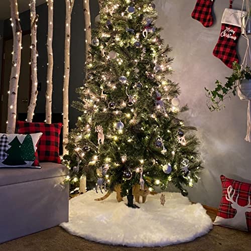 48 Inch Christmas Tree Skirt Faux Fur Christmas Decorations Holiday Tree Ornaments Tree Decoration For Christmas Home Party Holiday Decor, Snow White #TOP2