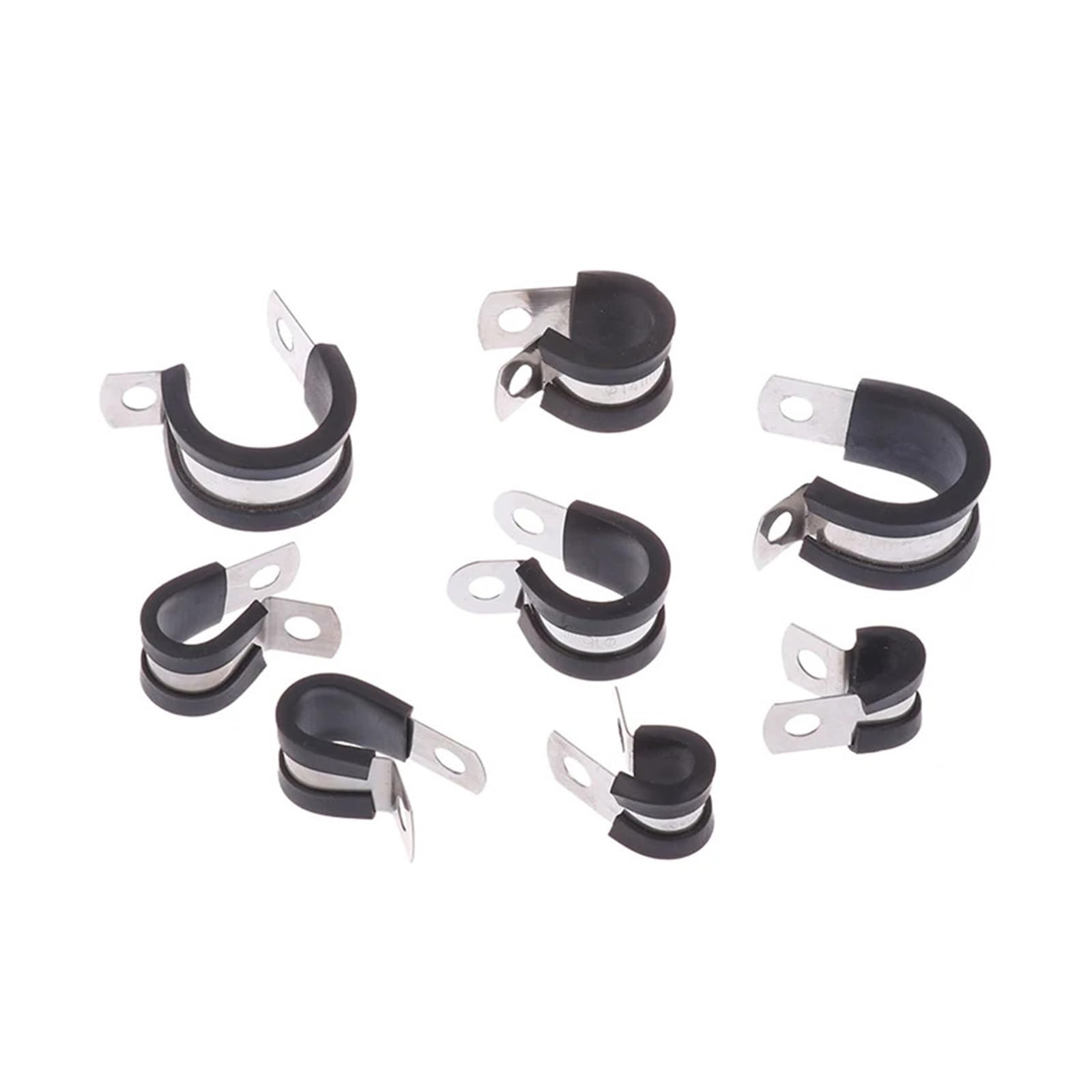 Clips tipo R forrados de goma y abrazaderas en P para fijación segura de mangueras y cables